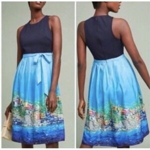 ANTHROPOLOGIE HUTCH Positano Dress Womens Sz 4 Black Blue Sleeveless Pleated‎